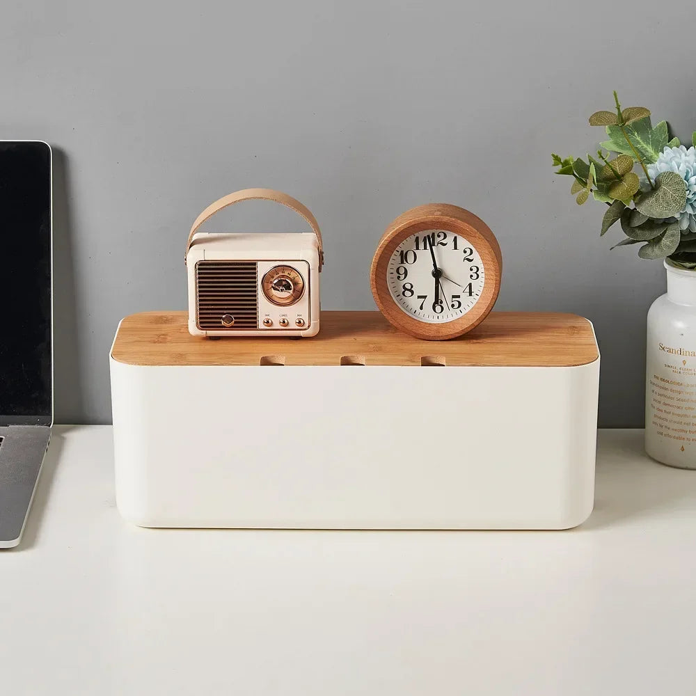 Bamboo Cover Cable Organizer Box